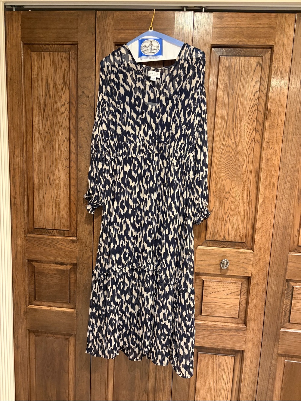 Velvet Navy and White Printed Long Sleeve Midi Dress